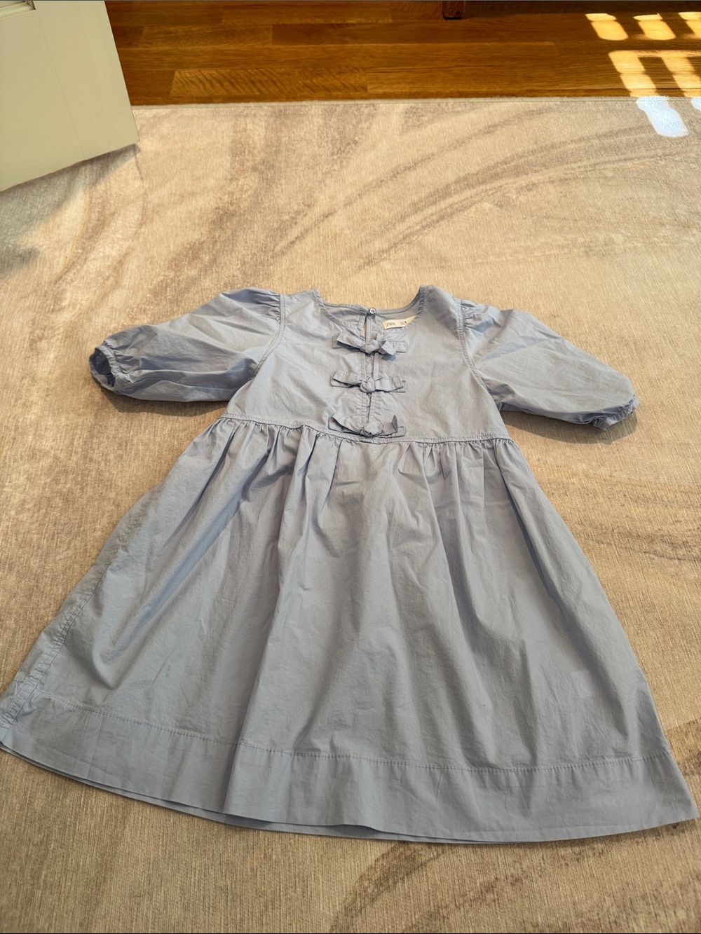 Zara Light Blue Puff-Sleeve Bow-Accent Dress